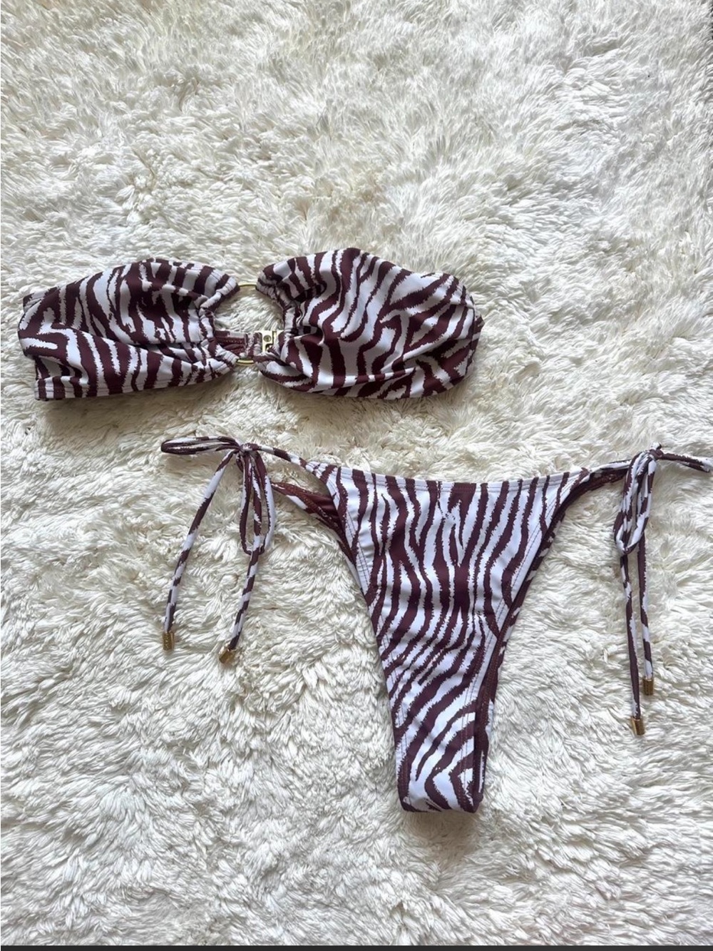 Zebra Print Tie-Side Bandeau Bikini Set - Brown & White